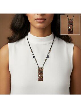 Chicos Long Artisan Beaded Pendant Necklace Multicolor Adjustable Cord Goldtone